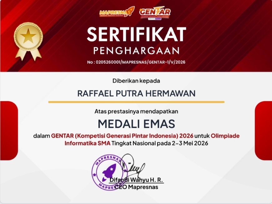 National Informatics Competition certificate by Olimnesia and Mapresnas